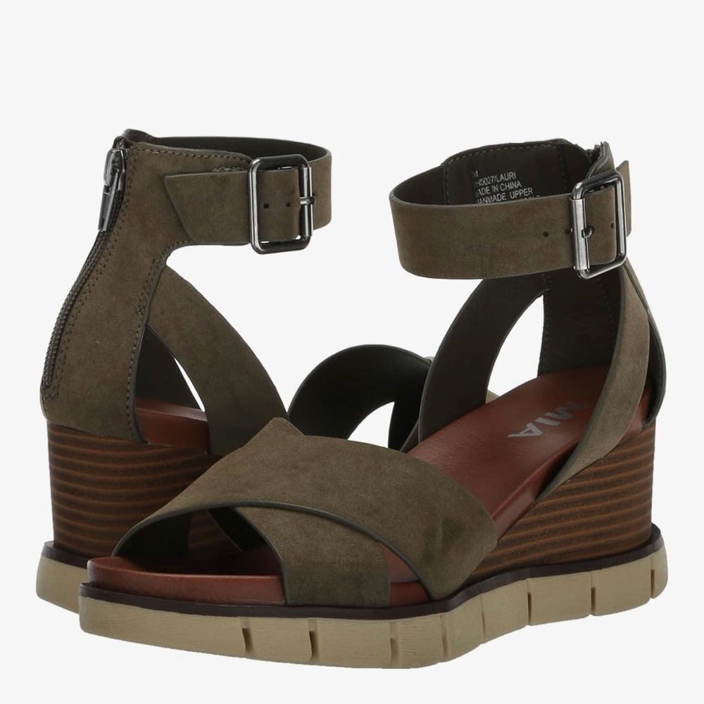 MIA Olive Suede Crisscross Ankle-Buckle Wedge Sandals